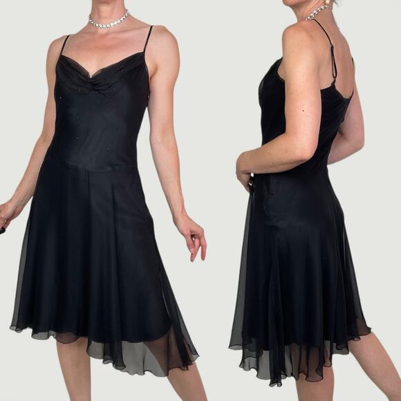 Bebe silk rhinestone beaded slip dress chiffon cocktail midi black ruched bust S - Picture 3 of 15